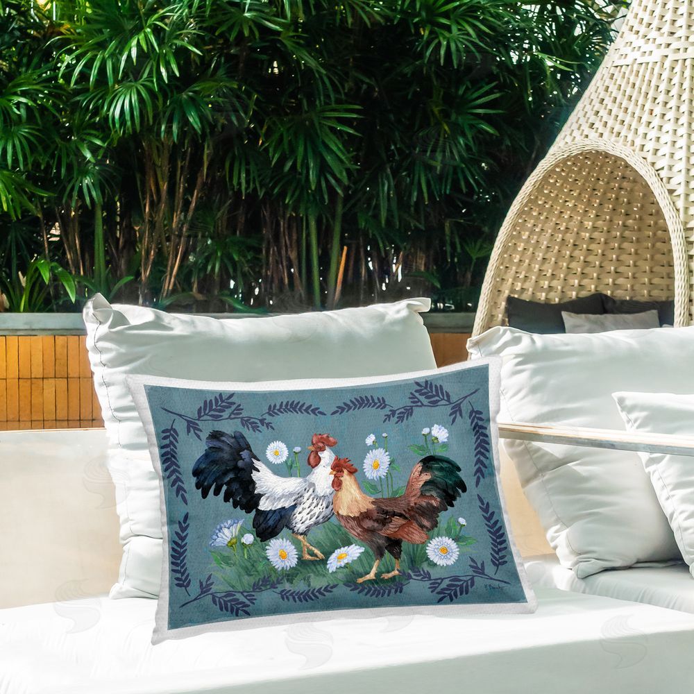 Paul Brent Roosters with Fern Trim Outdoor Quick-Dry Polyester Printed Throw Pillow in Back Yard