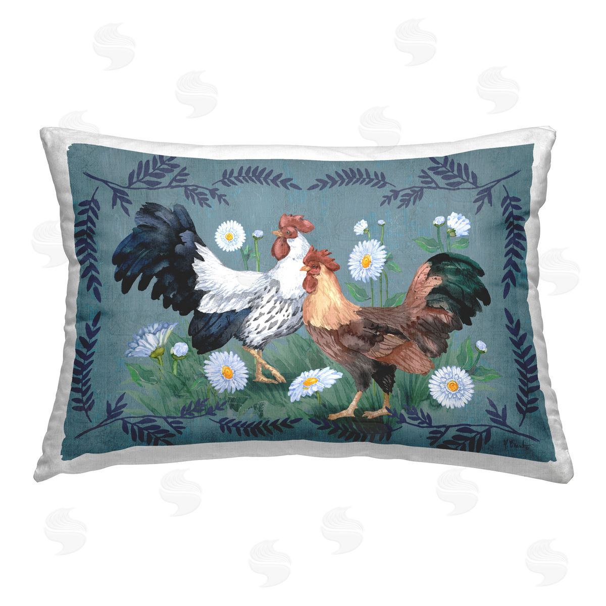 Paul Brent Roosters with Fern Trim Printed Plush Polyester Throw Pillow