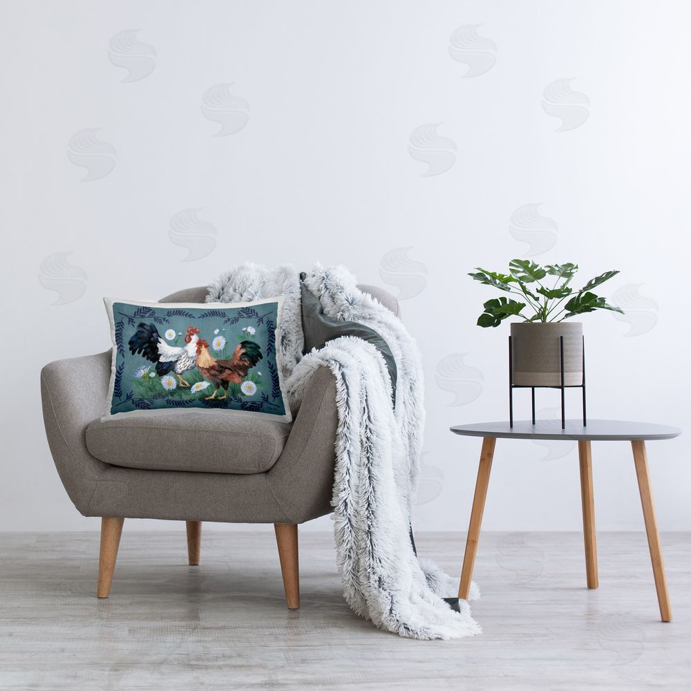 Paul Brent Roosters with Fern Trim Printed Plush Polyester Throw Pillow On Chair