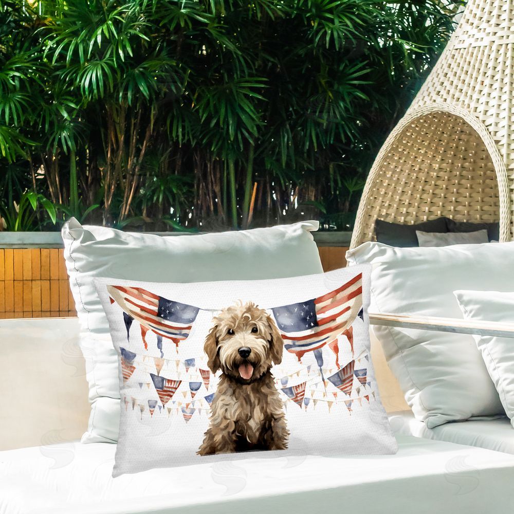 Petal Prints Design Patriotic Pup with Flags Outdoor Quick-Dry Polyester Printed Throw Pillow in Back Yard