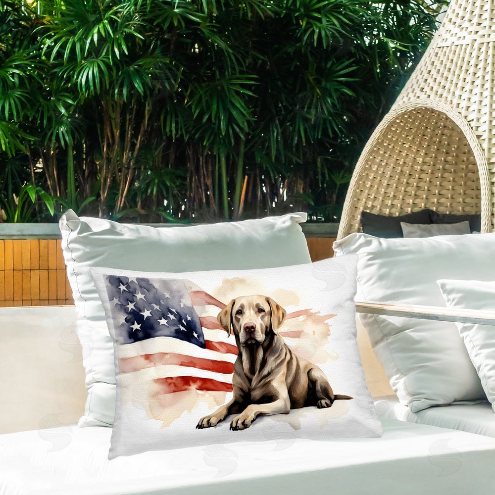 Petal Prints Design Patriotic Dog with Flag Outdoor Quick-Dry Polyester Printed Throw Pillow in Back Yard