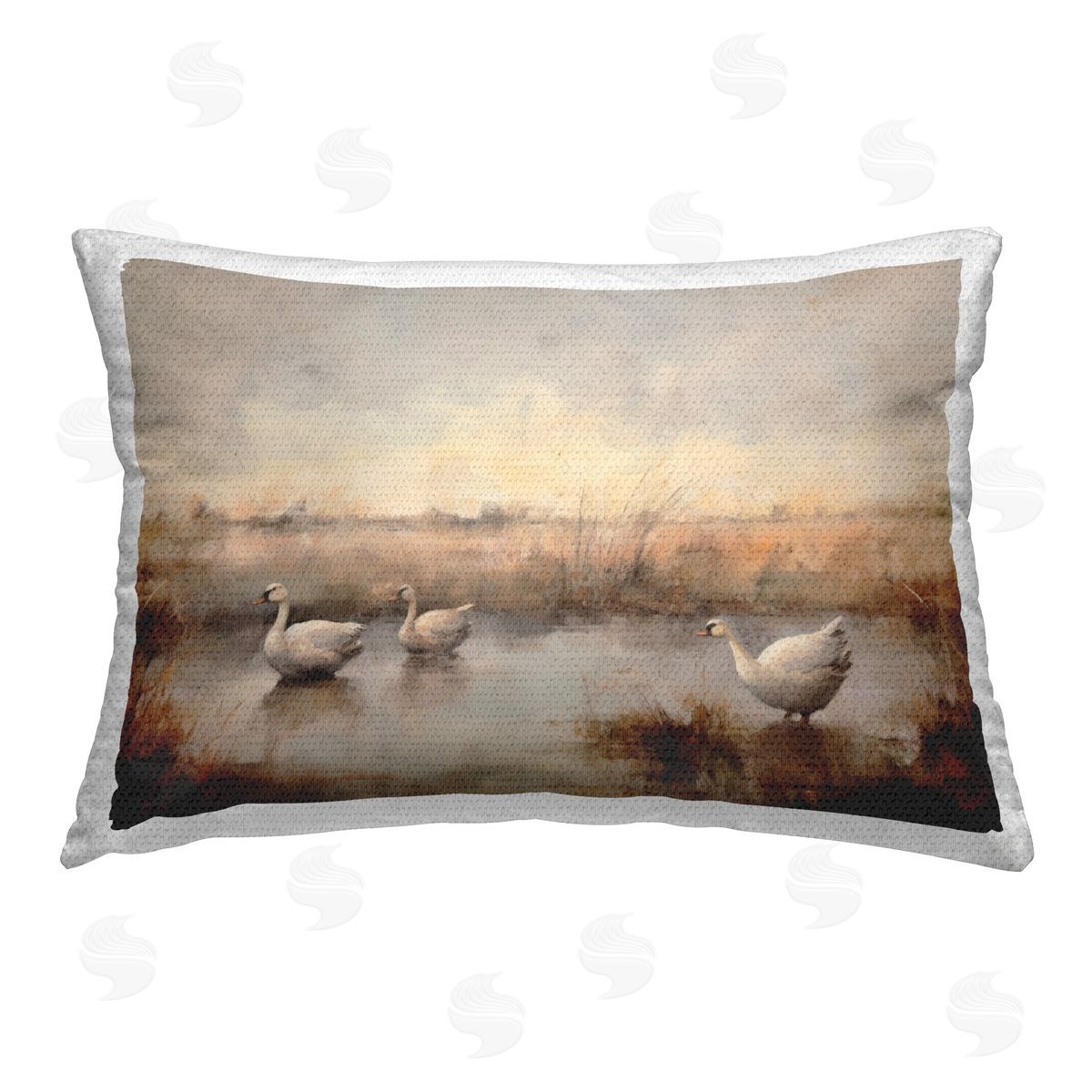 Petal Prints Design Swan Family Rural Pond Outdoor Quick-Dry Polyester Printed Throw Pillow