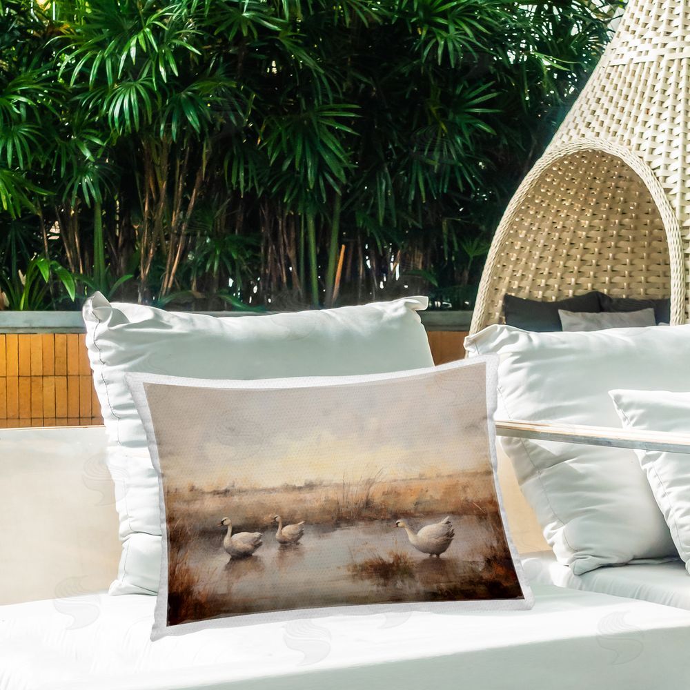 Petal Prints Design Swan Family Rural Pond Outdoor Quick-Dry Polyester Printed Throw Pillow in Back Yard