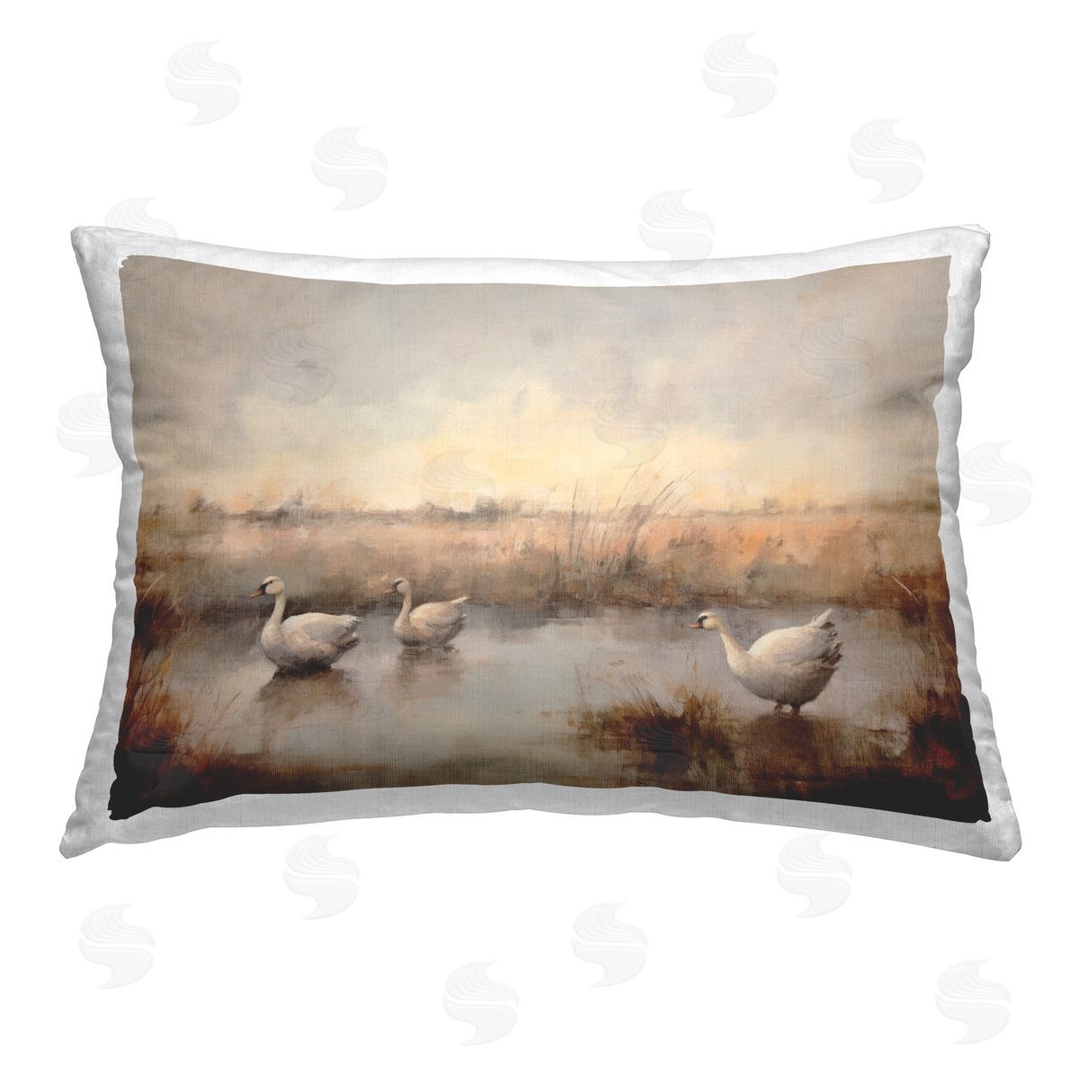 Petal Prints Design Swan Family Rural Pond Printed Plush Polyester Throw Pillow