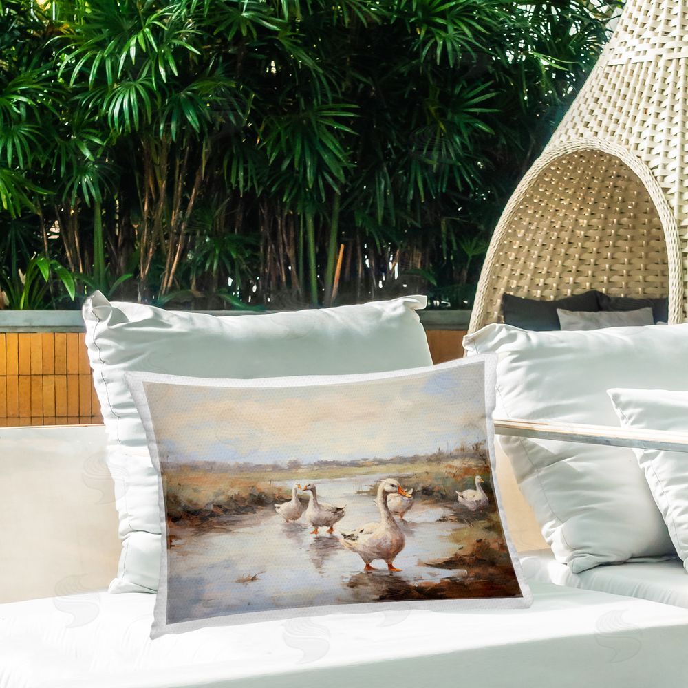 Petal Prints Design Swan Family Traditional Pond Outdoor Quick-Dry Polyester Printed Throw Pillow in Back Yard