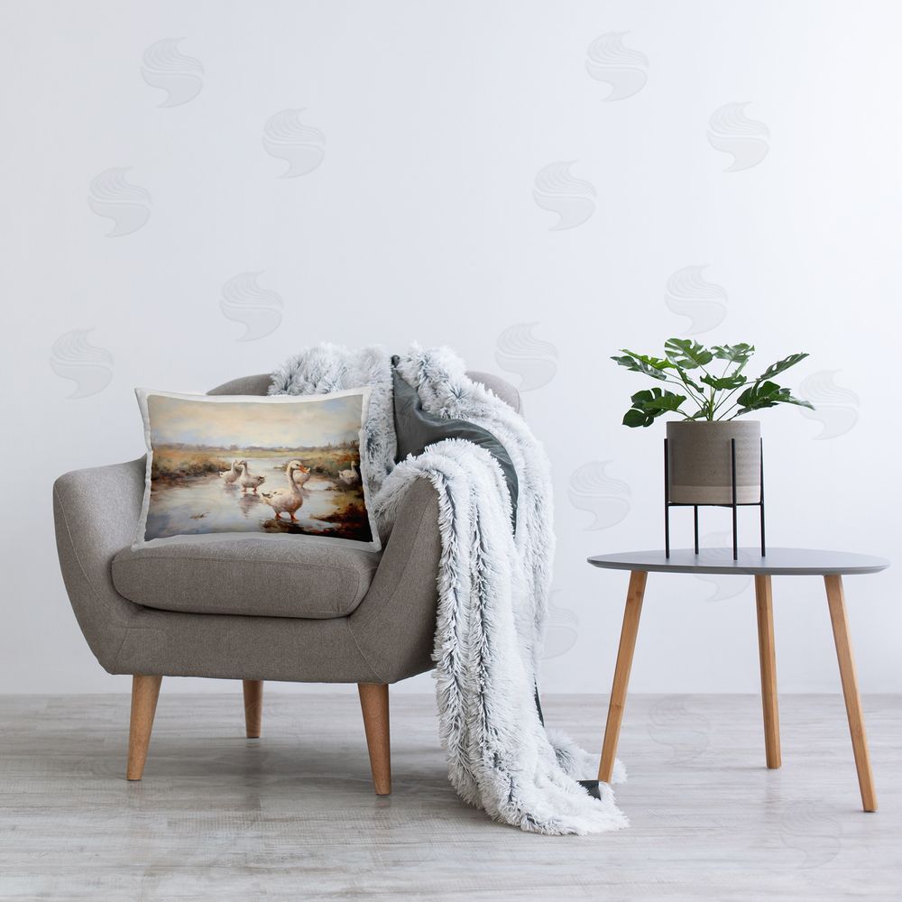 Petal Prints Design Swan Family Traditional Pond Printed Plush Polyester Throw Pillow On Chair
