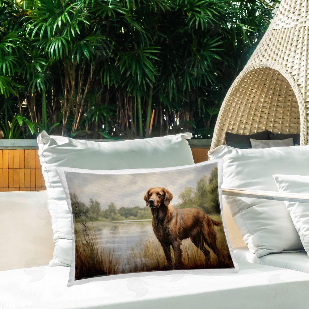 Petal Prints Design Retriever Dog & Pond Outdoor Quick-Dry Polyester Printed Throw Pillow in Back Yard