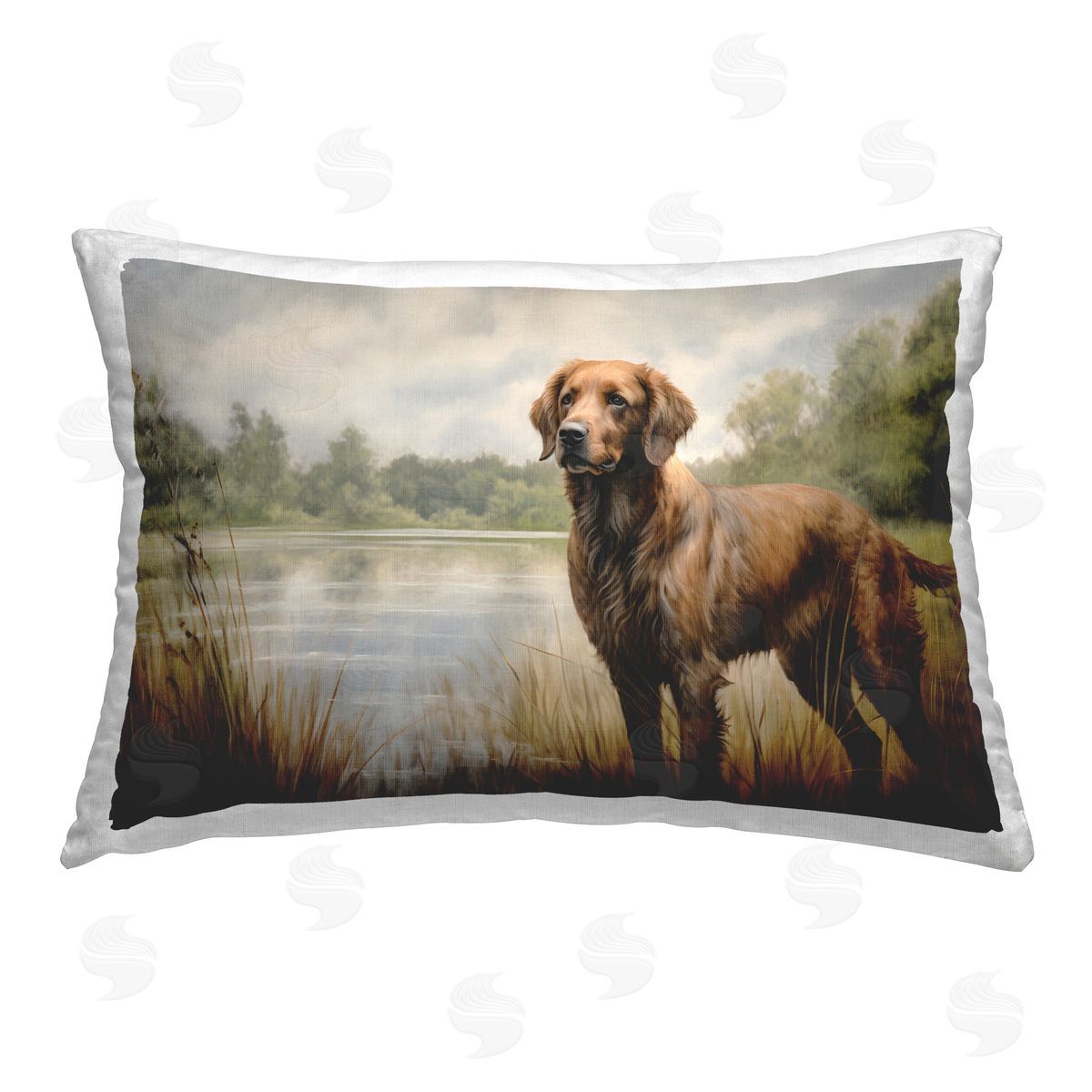 Petal Prints Design Retriever Dog & Pond Printed Plush Polyester Throw Pillow