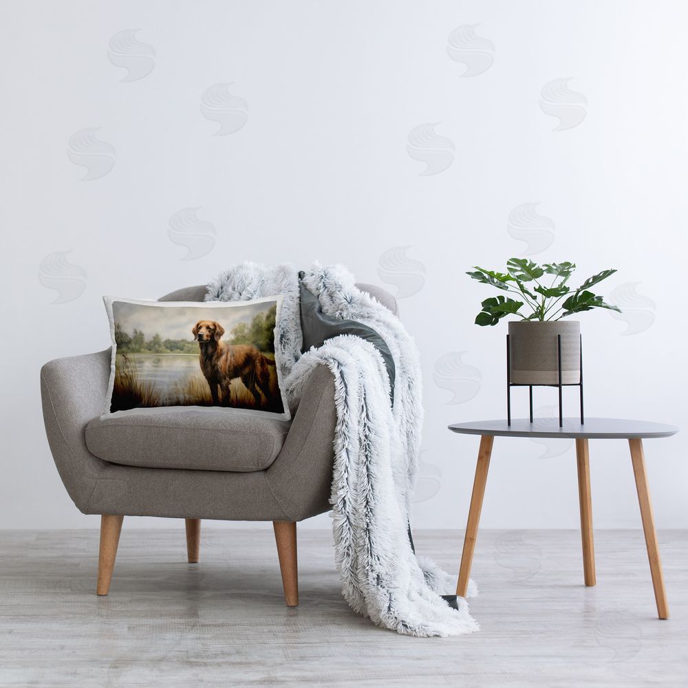 Petal Prints Design Retriever Dog & Pond Printed Plush Polyester Throw Pillow On Chair