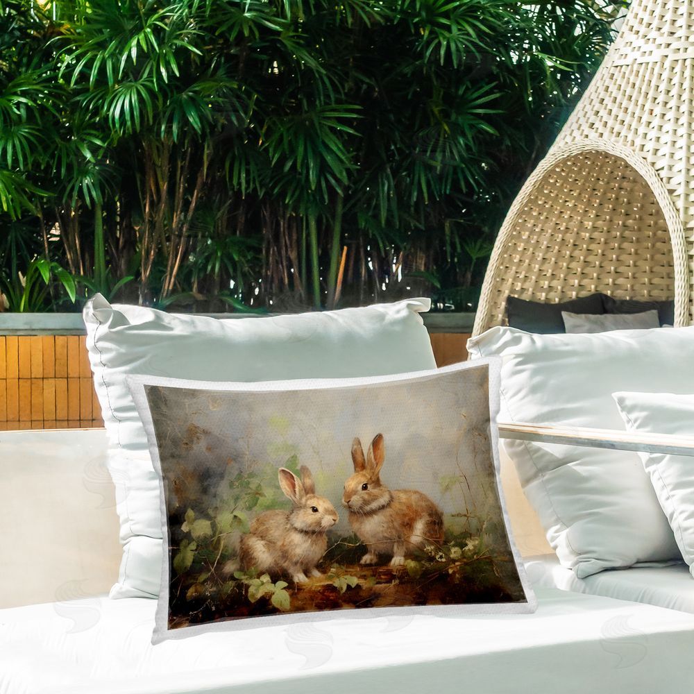 Petal Prints Design Wild Rabbits in Nature Outdoor Quick-Dry Polyester Printed Throw Pillow in Back Yard