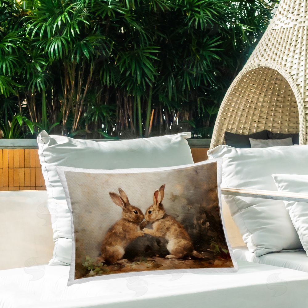Petal Prints Design Bunny Boxing Duo Outdoor Quick-Dry Polyester Printed Throw Pillow in Back Yard
