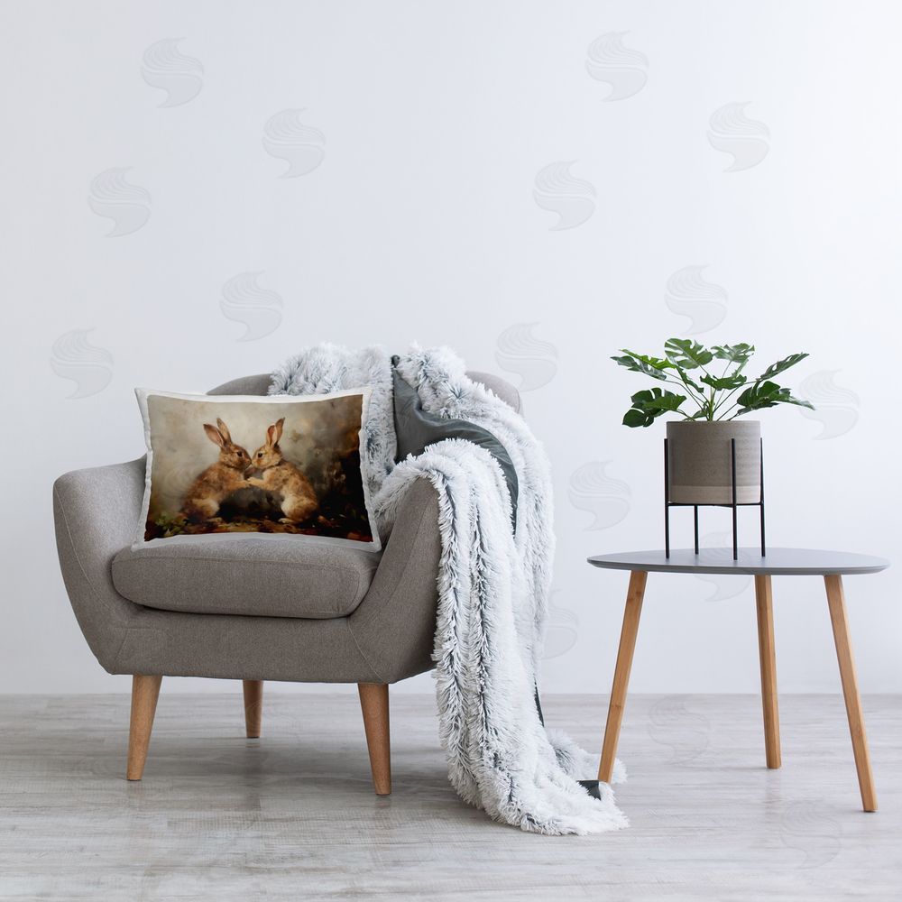 Petal Prints Design Bunny Boxing Duo Printed Plush Polyester Throw Pillow On Chair