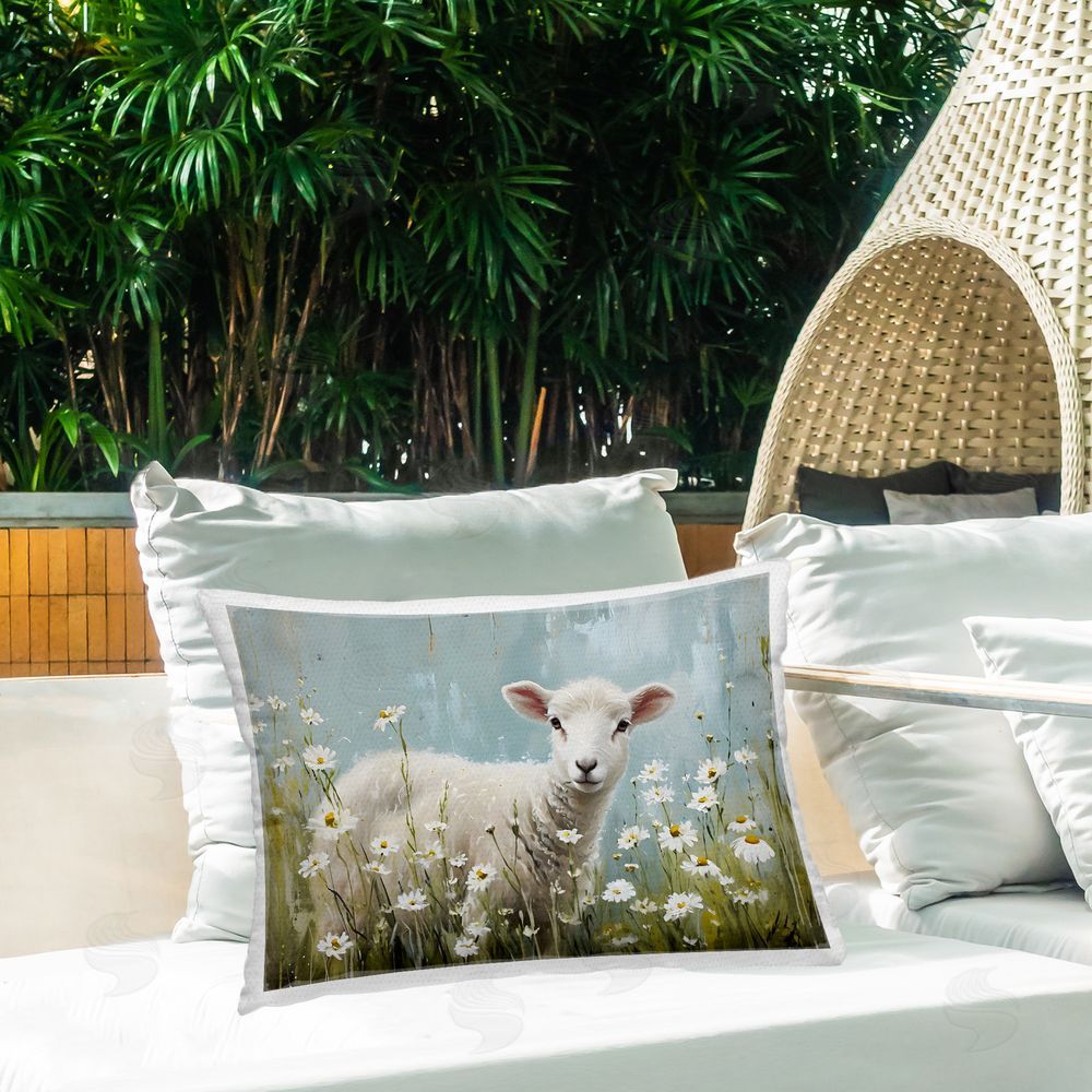 Petal Prints Design Lamb Among Daisies Outdoor Quick-Dry Polyester Printed Throw Pillow in Back Yard
