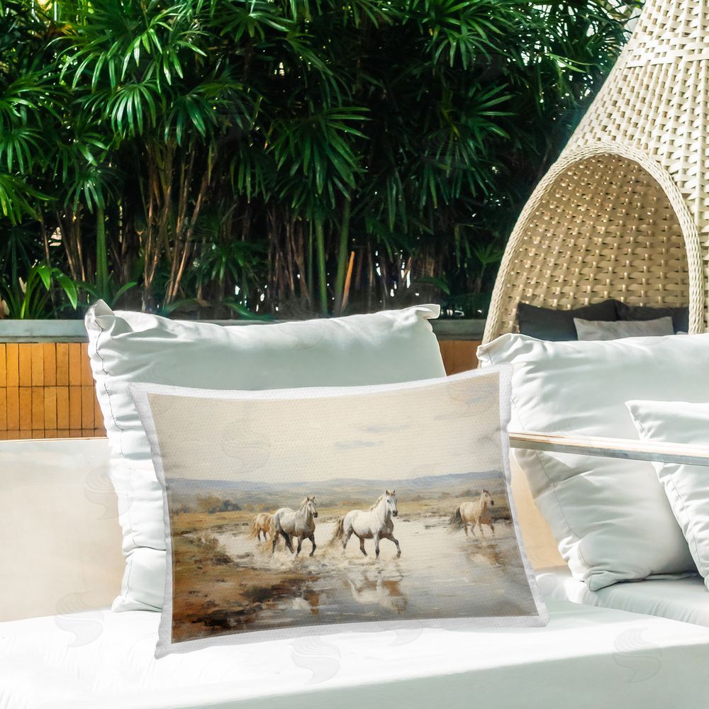 Petal Prints Design Free Horses Running Outdoor Quick-Dry Polyester Printed Throw Pillow in Back Yard