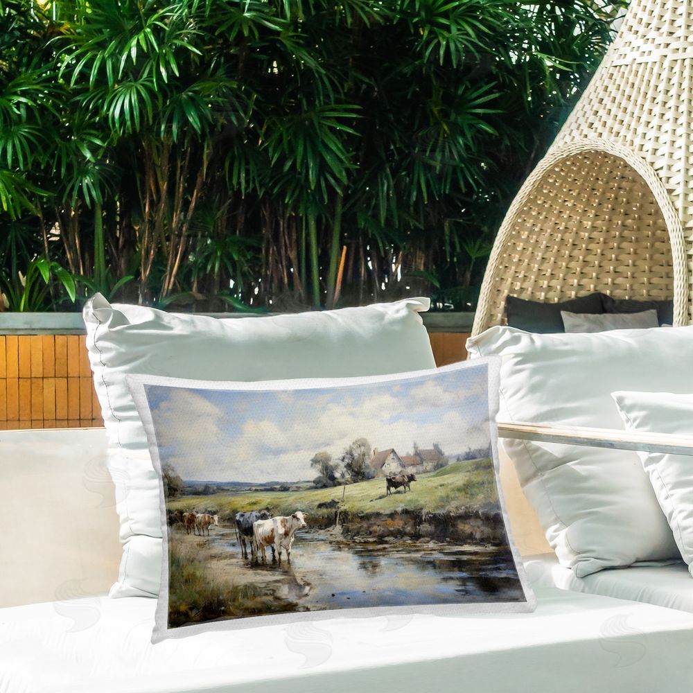 Petal Prints Design Free Roaming Cattle Outdoor Quick-Dry Polyester Printed Throw Pillow in Back Yard