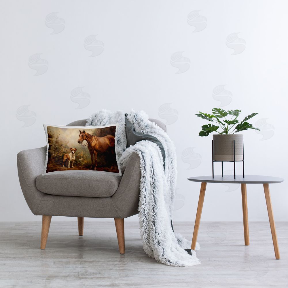 Petal Prints Design Horse & Dog in Nature Printed Plush Polyester Throw Pillow On Chair