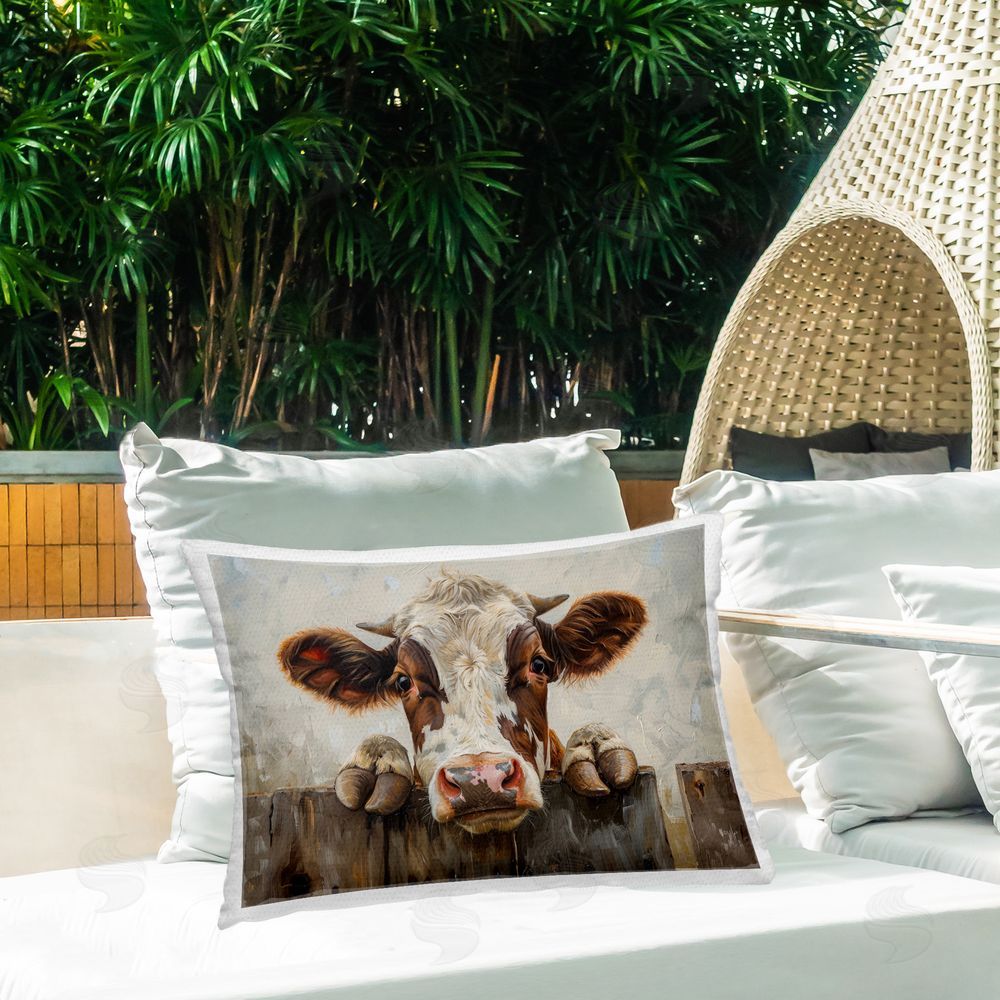 Petal Prints Design Cow On Fence Outdoor Quick-Dry Polyester Printed Throw Pillow in Back Yard