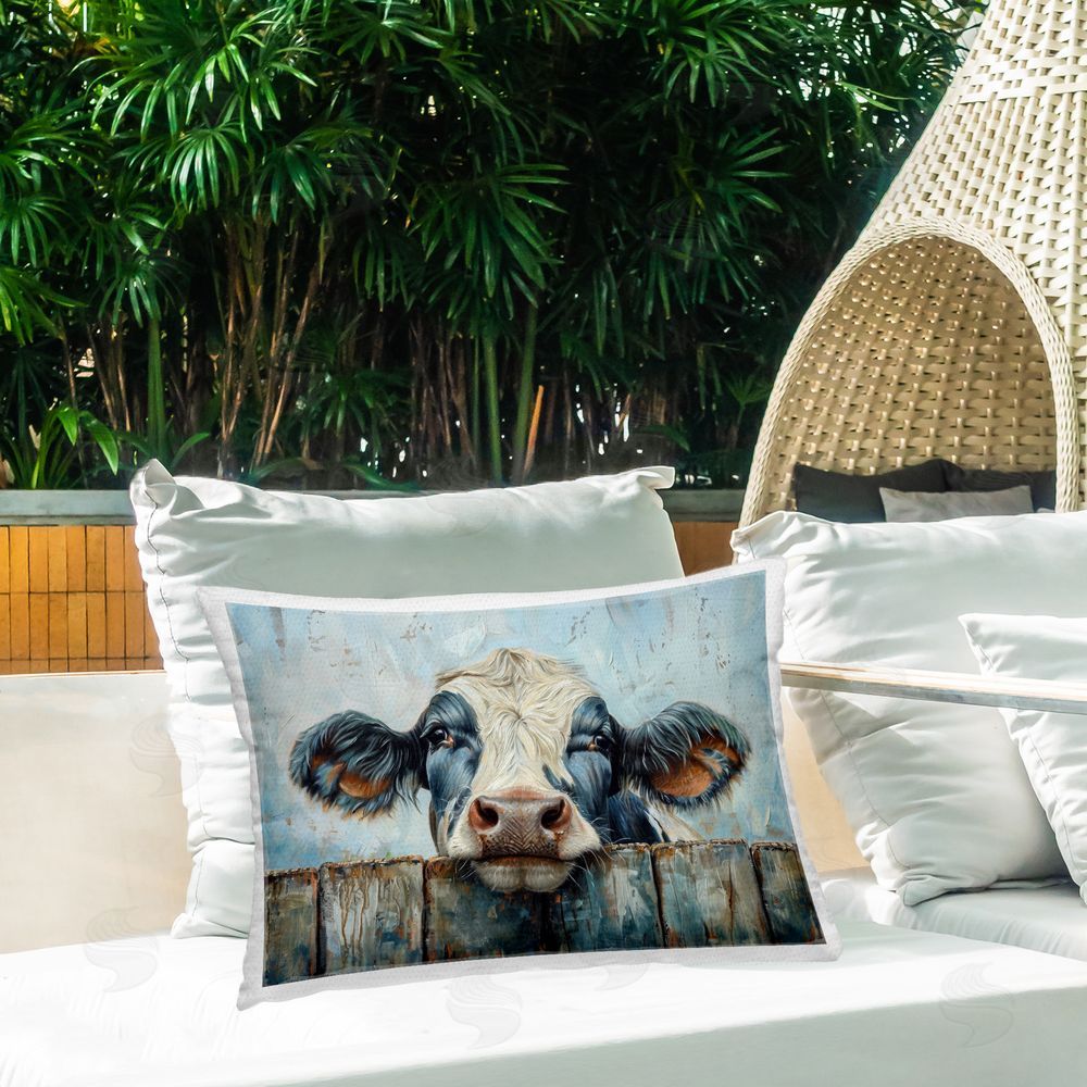 Petal Prints Design Howdy Neighbor Cow Outdoor Quick-Dry Polyester Printed Throw Pillow in Back Yard