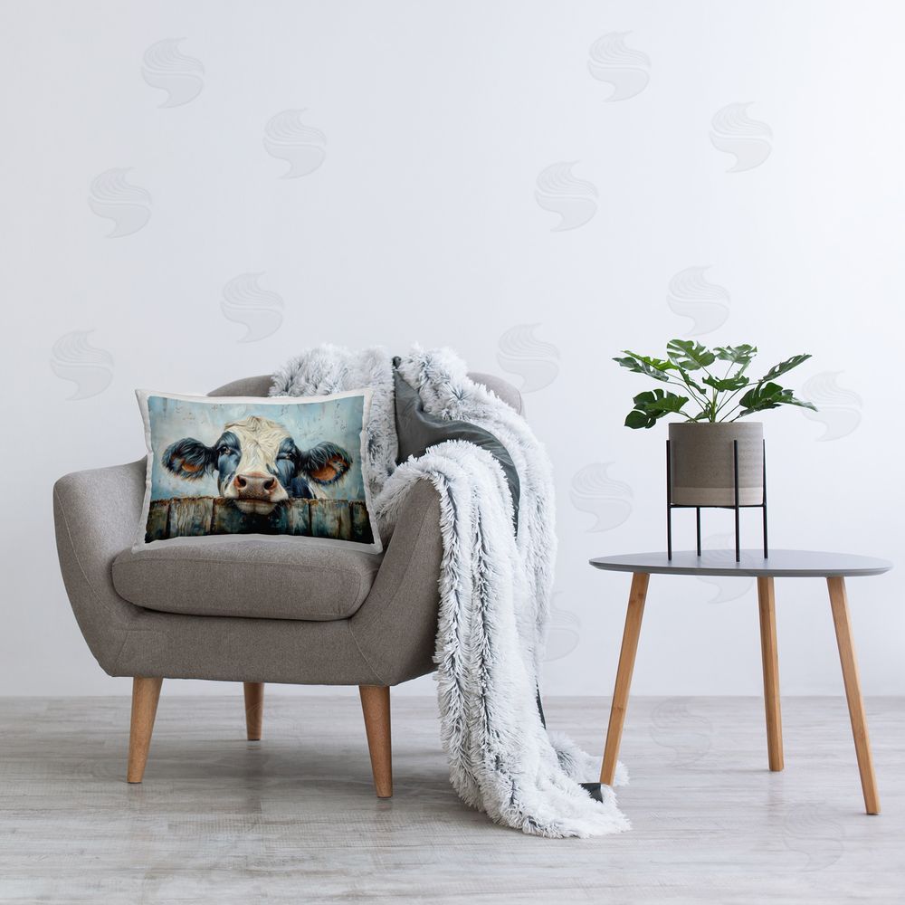Petal Prints Design Howdy Neighbor Cow Printed Plush Polyester Throw Pillow On Chair
