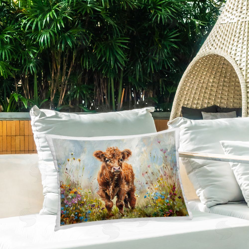 Petal Prints Design Mountain Cow Scene Outdoor Quick-Dry Polyester Printed Throw Pillow in Back Yard