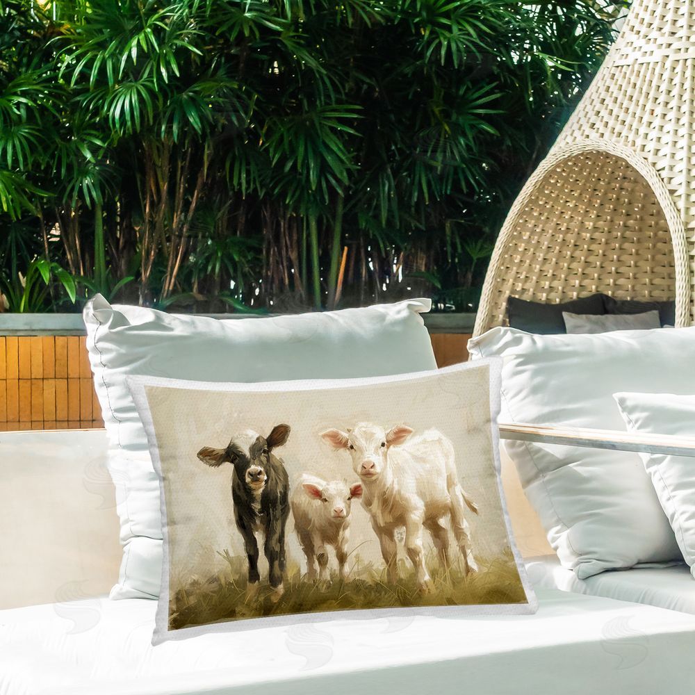 Petal Prints Design Baby Cattle Trio Outdoor Quick-Dry Polyester Printed Throw Pillow in Back Yard