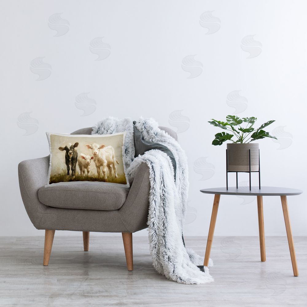 Petal Prints Design Baby Cattle Trio Printed Plush Polyester Throw Pillow On Chair