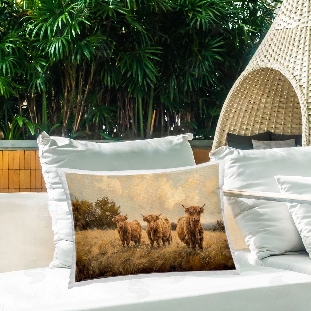 Petal Prints Design Three's A Party Cattle Outdoor Quick-Dry Polyester Printed Throw Pillow in Back Yard