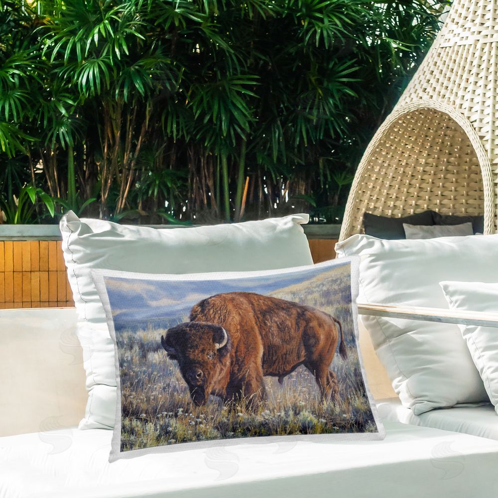 David Graham Prairie King Bison Outdoor Quick-Dry Polyester Printed Throw Pillow in Back Yard