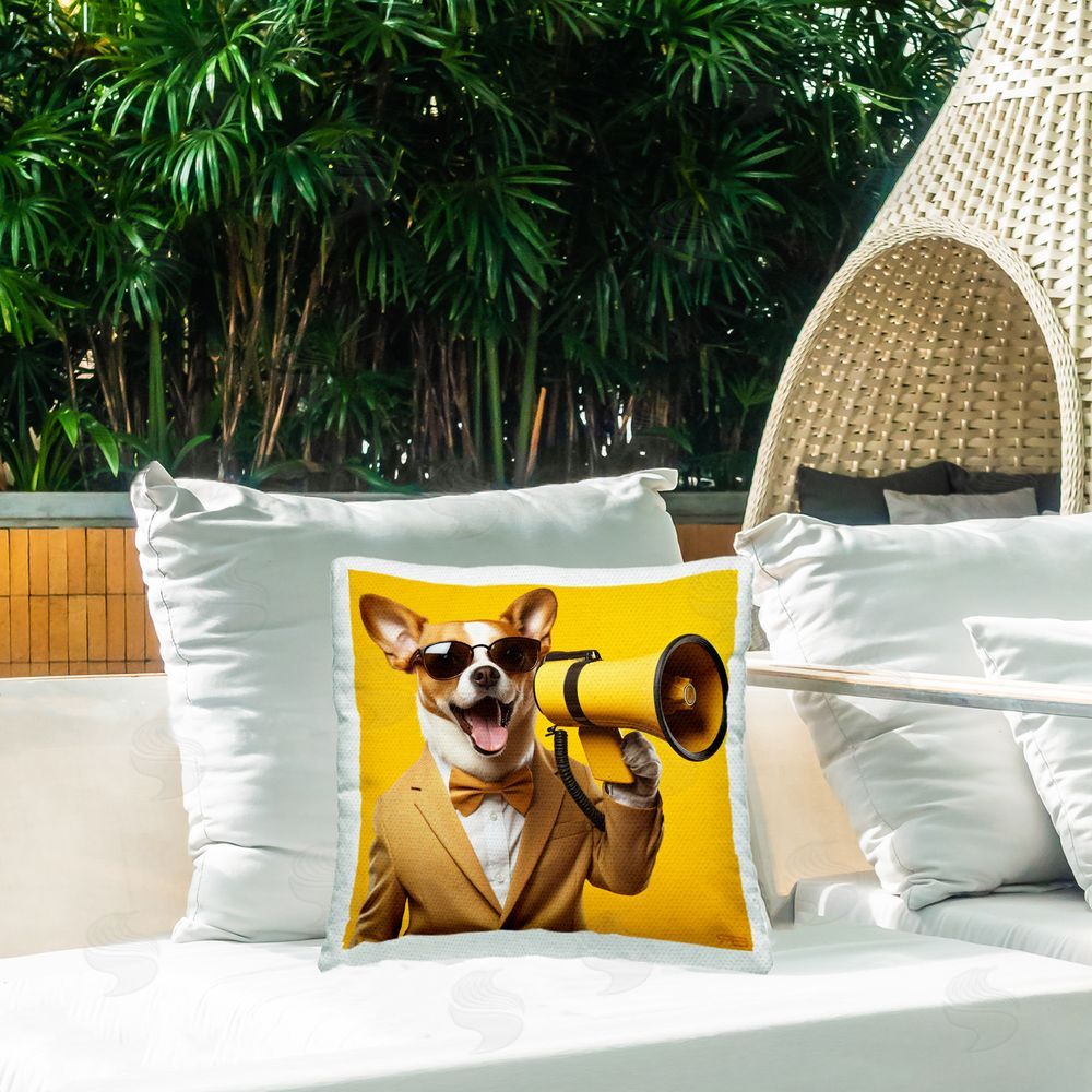 Roozbeh Bahramali Dog with Yellow Megaphone Outdoor Quick-Dry Polyester Printed Throw Pillow in Back Yard