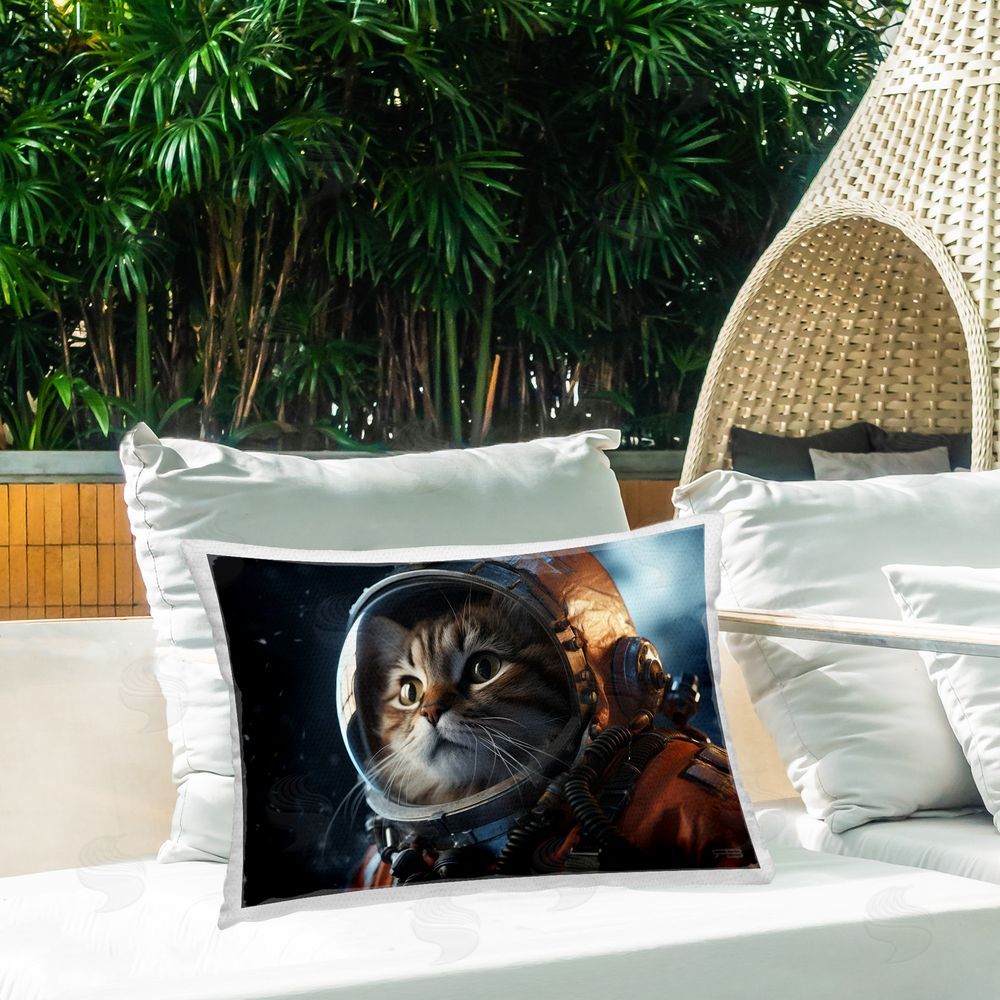Roozbeh Bahramali Astronaut Cat in Space Outdoor Quick-Dry Polyester Printed Throw Pillow in Back Yard