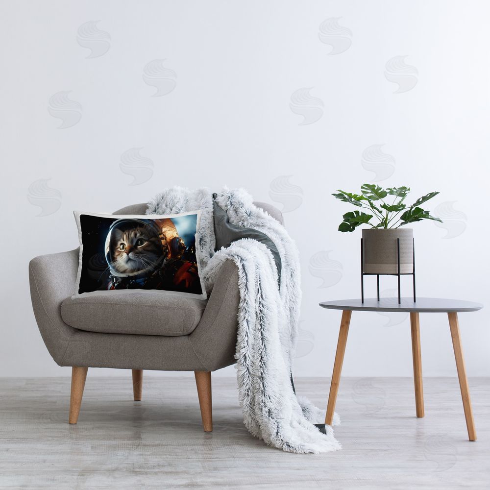 Roozbeh Bahramali Astronaut Cat in Space Printed Plush Polyester Throw Pillow On Chair