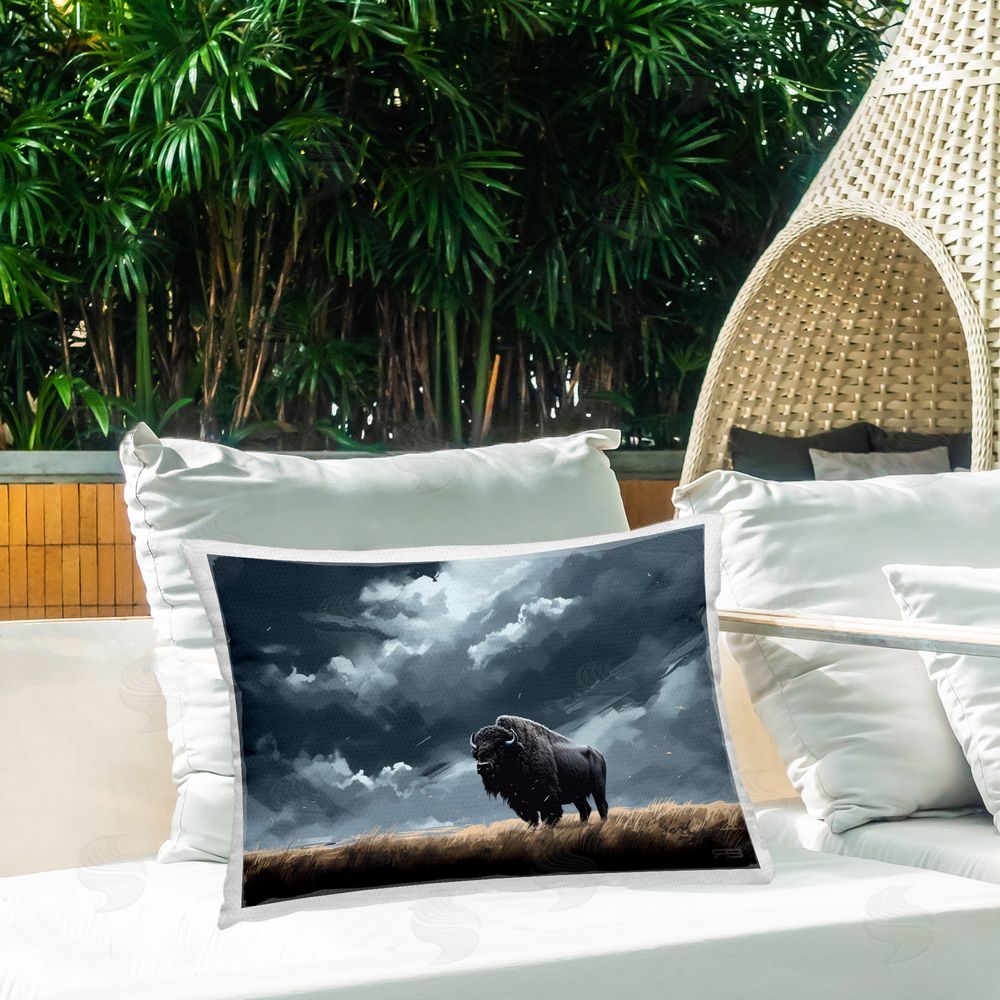 Roozbeh Bahramali Bison Silhouette with Clouds Outdoor Quick-Dry Polyester Printed Throw Pillow in Back Yard