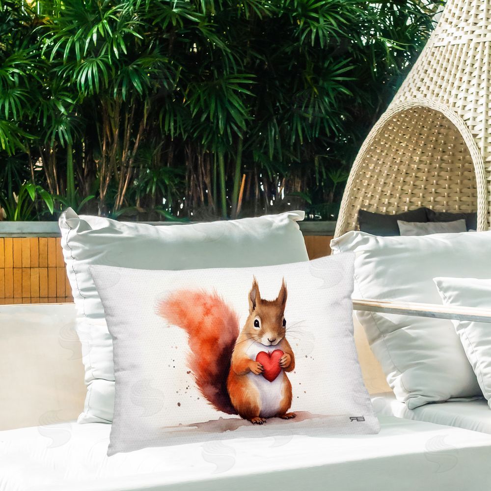 Roozbeh Bahramali Squirrel Holding Heart Outdoor Quick-Dry Polyester Printed Throw Pillow in Back Yard