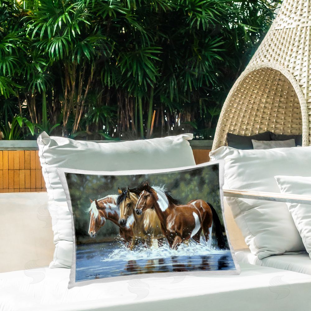 Victoria Schultz Heading Upstream Horses Outdoor Quick-Dry Polyester Printed Throw Pillow in Back Yard