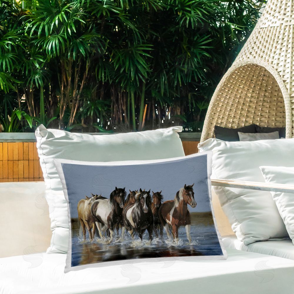 Victoria Schultz Horses Running Through River Outdoor Quick-Dry Polyester Printed Throw Pillow in Back Yard