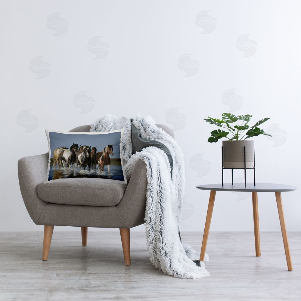 Victoria Schultz Horses Running Through River Printed Plush Polyester Throw Pillow On Chair