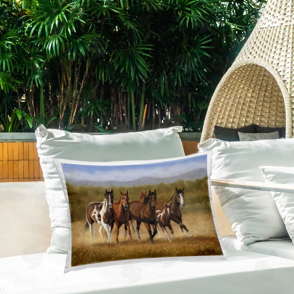 Victoria Schultz Foal's First Run Outdoor Quick-Dry Polyester Printed Throw Pillow in Back Yard
