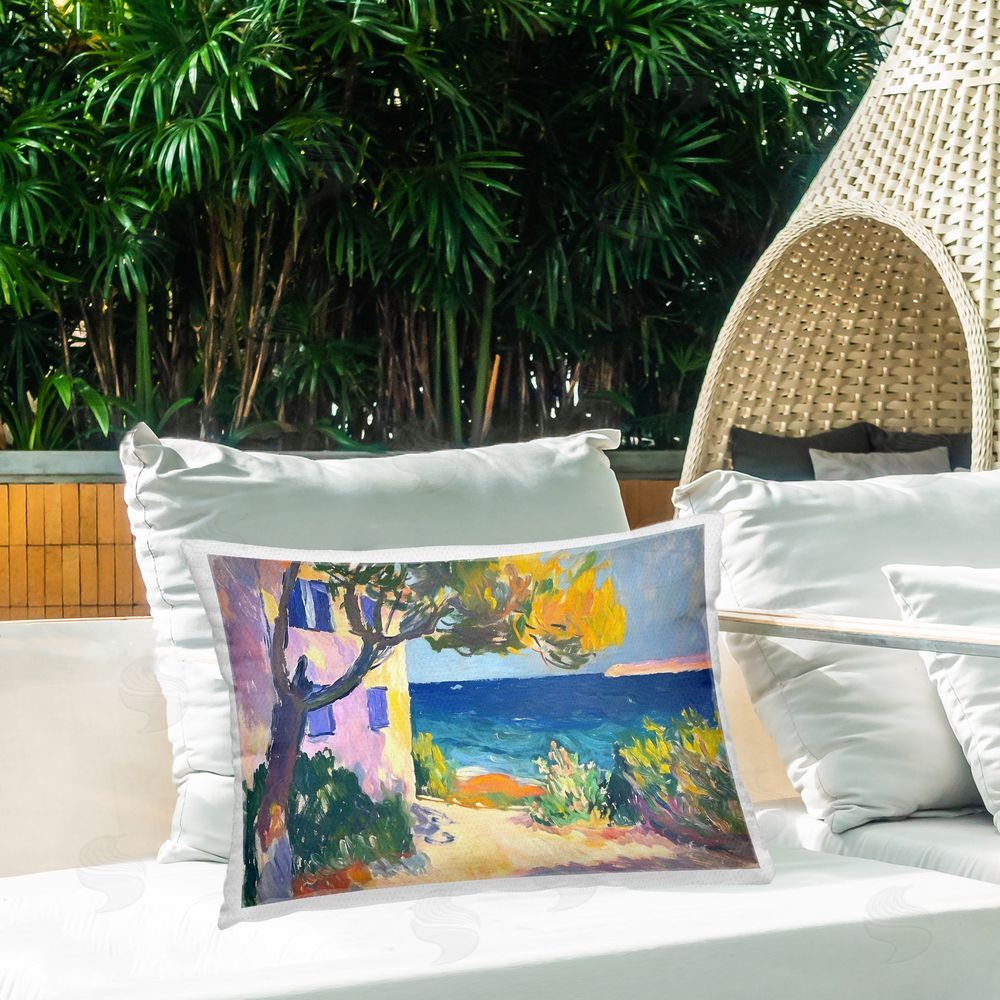 Ramona Murdock House On Coastline Outdoor Quick-Dry Polyester Printed Throw Pillow in Back Yard