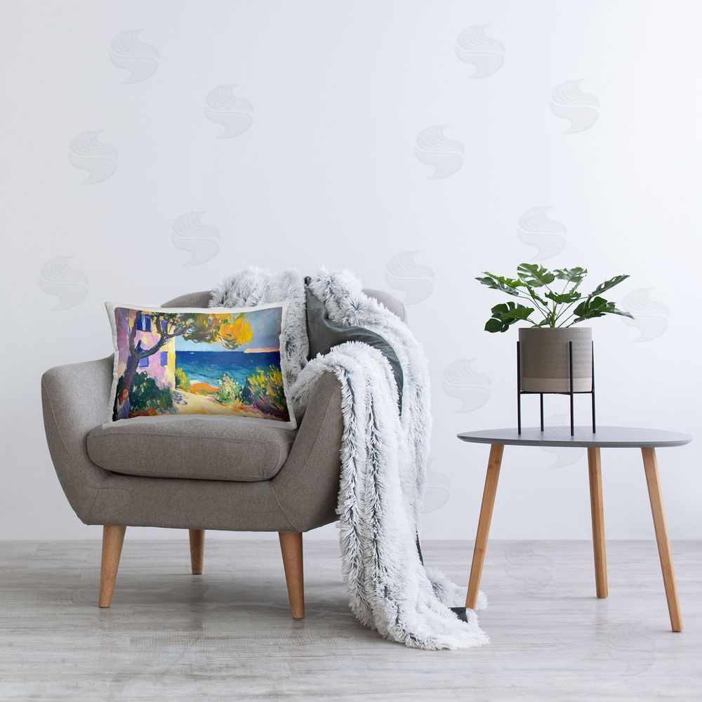 Ramona Murdock House On Coastline Printed Plush Polyester Throw Pillow On Chair