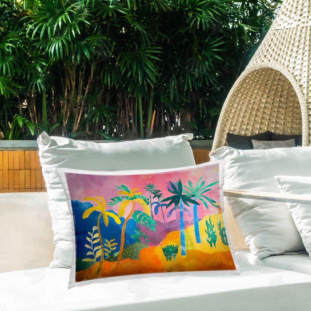 Ramona Murdock Vivid Tropical Palms Outdoor Quick-Dry Polyester Printed Throw Pillow in Back Yard