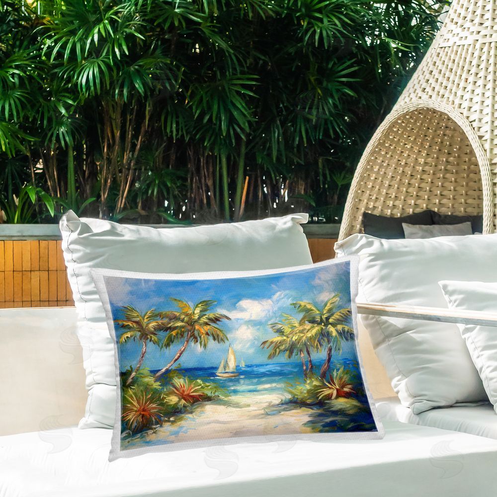 Ramona Murdock Tropical Paradise Harbor Outdoor Quick-Dry Polyester Printed Throw Pillow in Back Yard