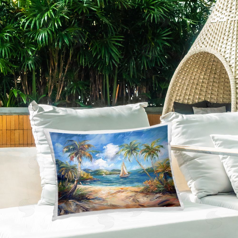 Ramona Murdock Paradise Beach Harbor Outdoor Quick-Dry Polyester Printed Throw Pillow in Back Yard