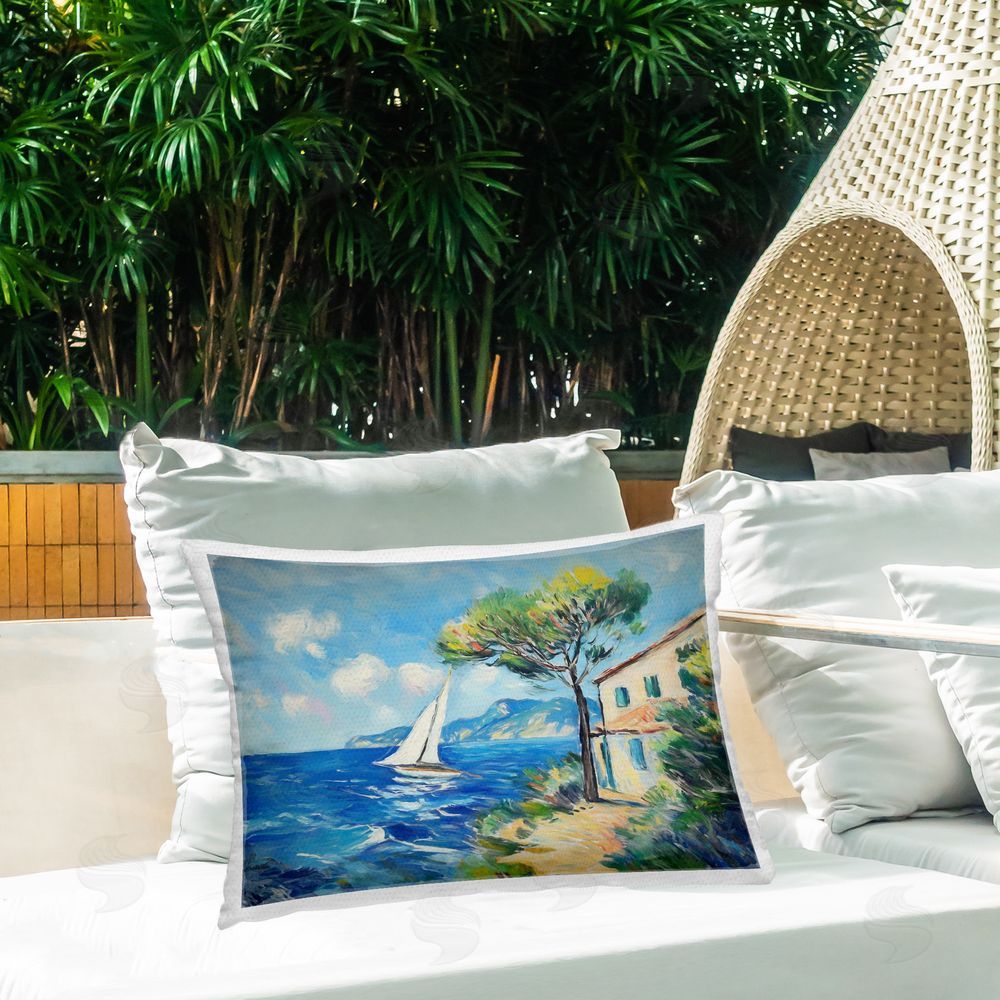 Ramona Murdock Sailboat & Beach Villa Outdoor Quick-Dry Polyester Printed Throw Pillow in Back Yard