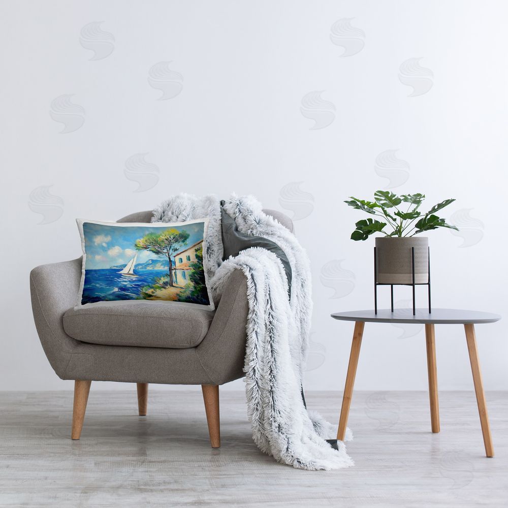 Ramona Murdock Sailboat & Beach Villa Printed Plush Polyester Throw Pillow On Chair