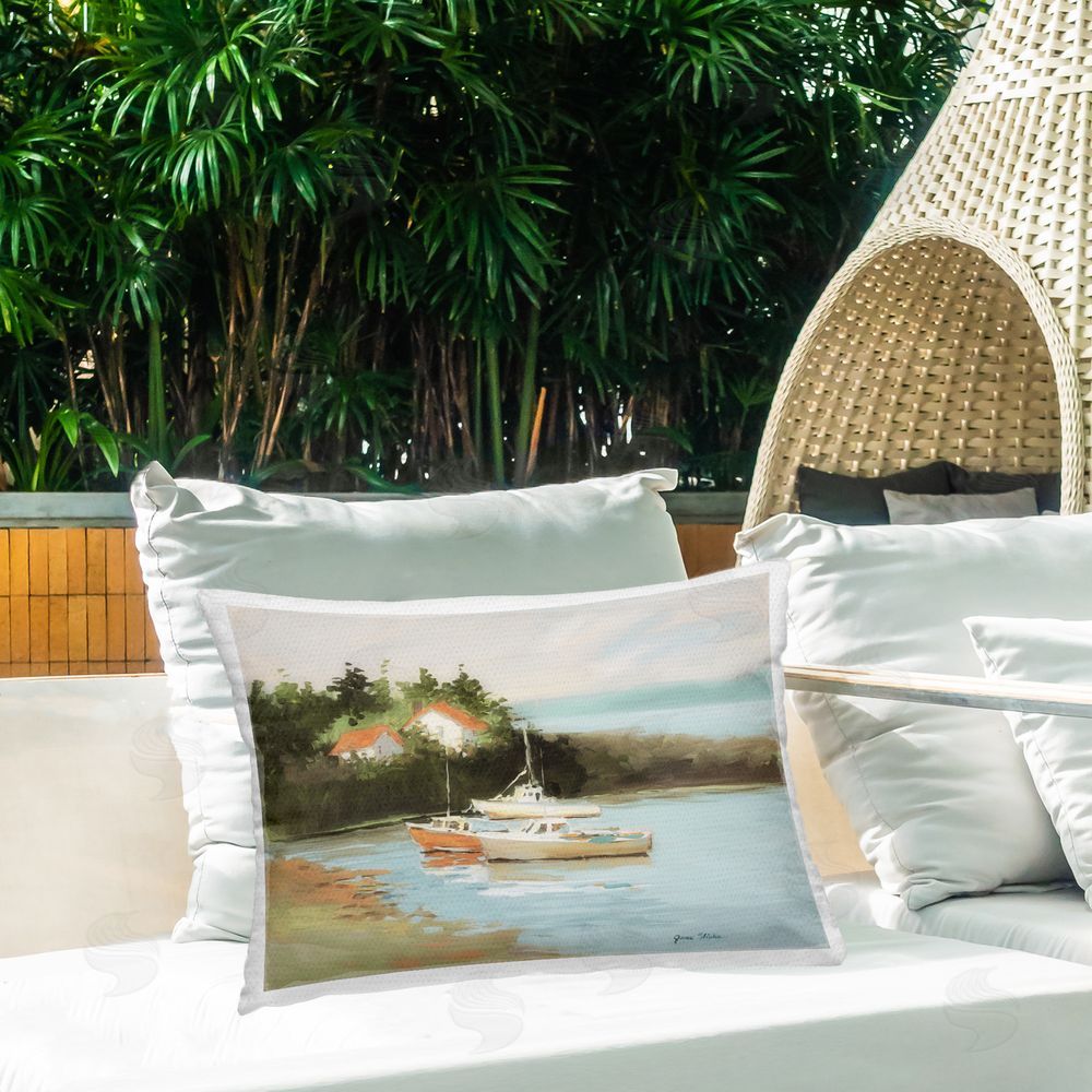 Jane Slivka Calm Boat Harbor Outdoor Quick-Dry Polyester Printed Throw Pillow in Back Yard