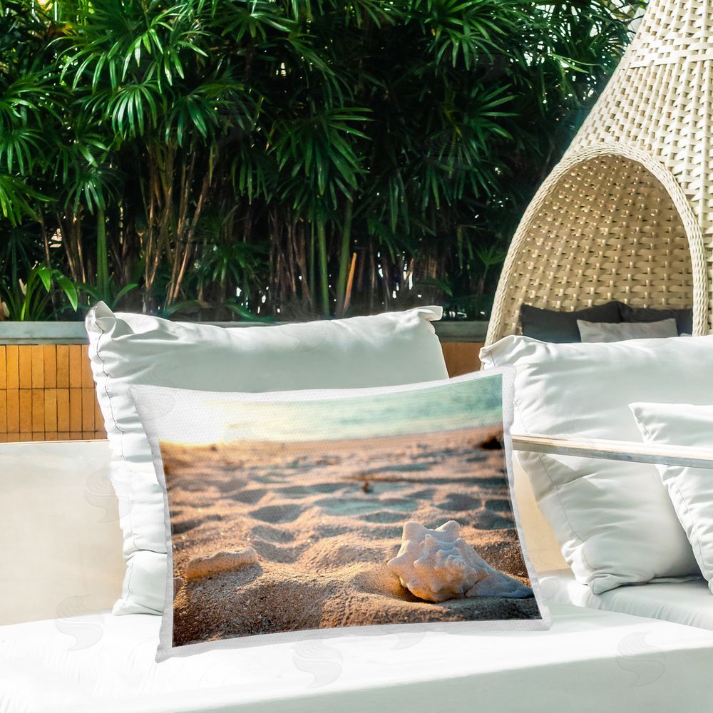 Susan Bryant Conch Shell in Sand Outdoor Quick-Dry Polyester Printed Throw Pillow in Back Yard