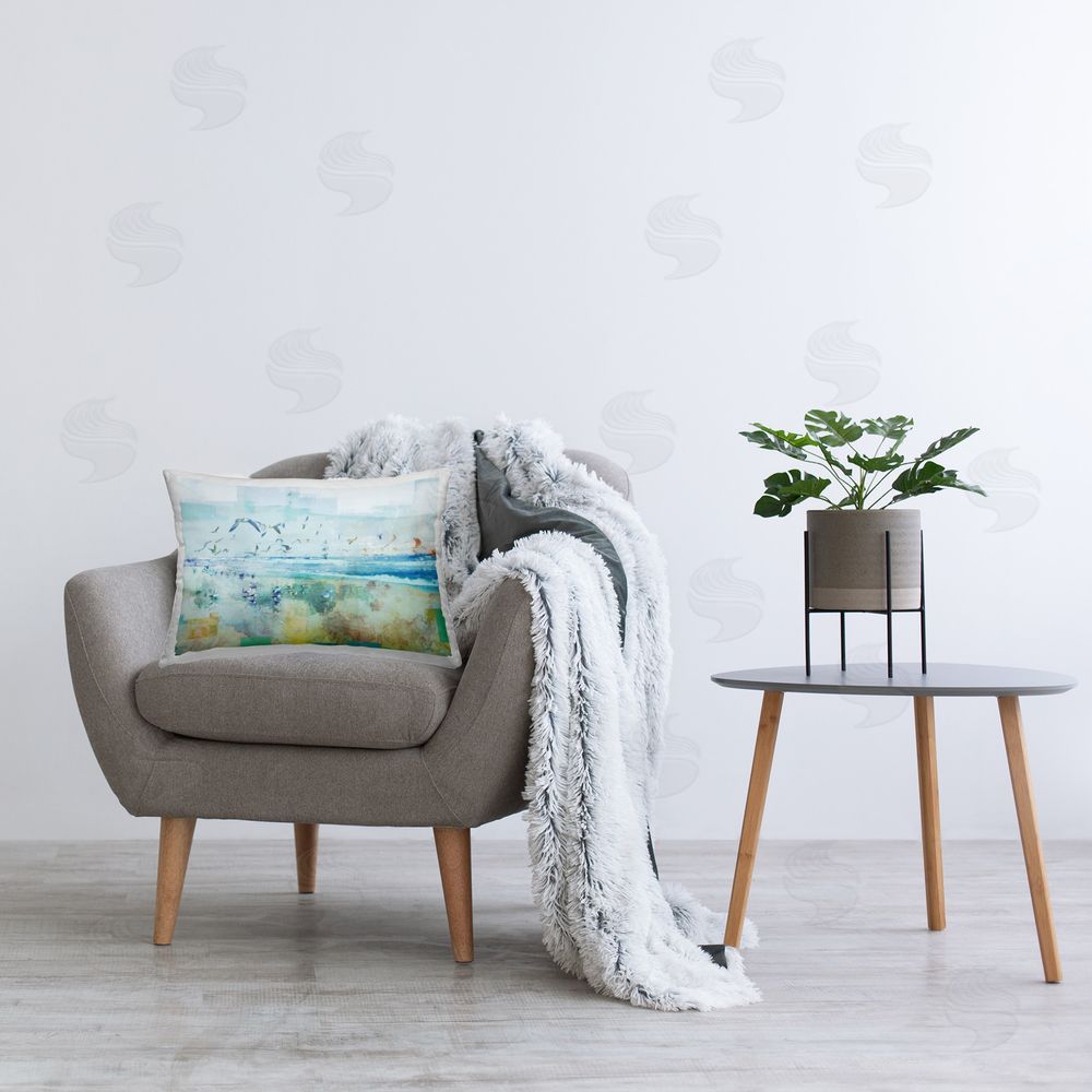 Dan Meneely Abstract Birds Over Beach Printed Plush Polyester Throw Pillow On Chair