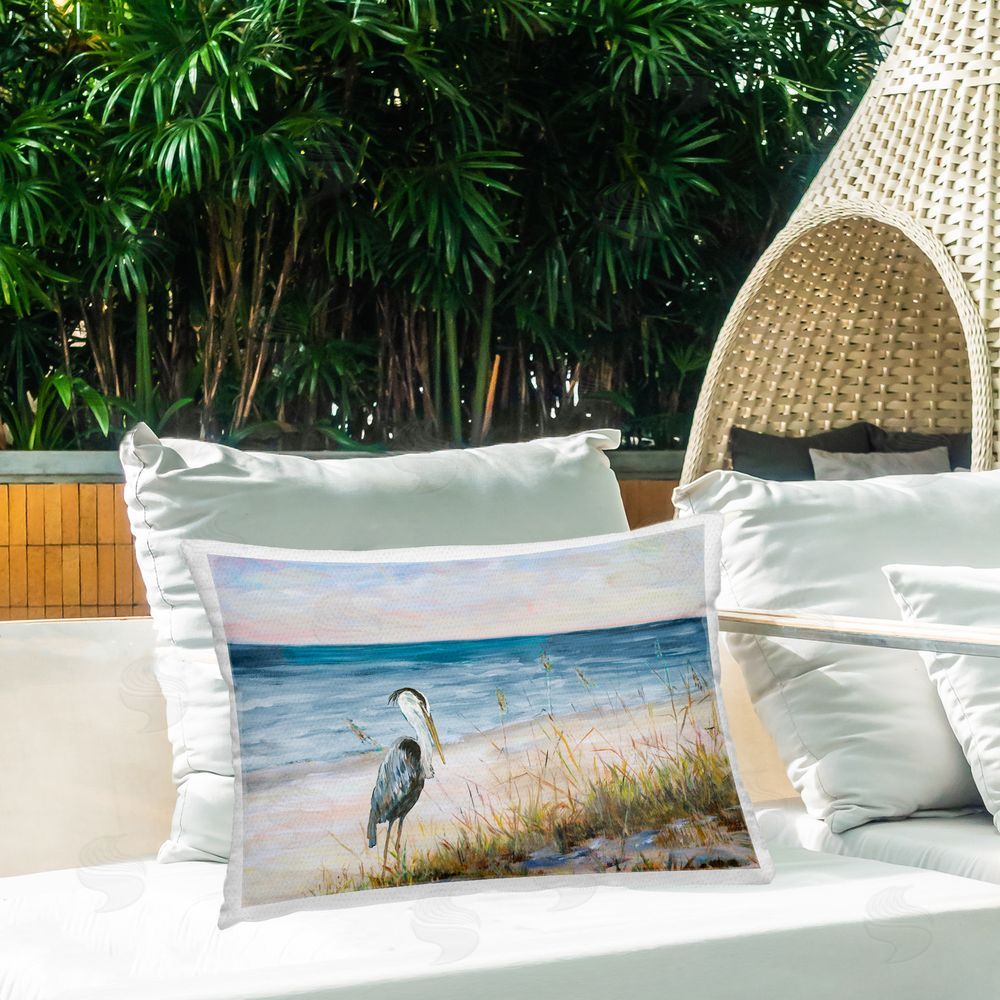 Julie DeRice Calm Pelican on Beach Outdoor Quick-Dry Polyester Printed Throw Pillow in Back Yard
