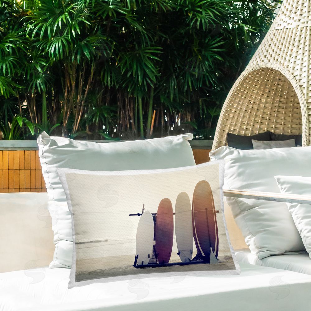 Mike Calascibetta Beach Surfboards Leaning Outdoor Quick-Dry Polyester Printed Throw Pillow in Back Yard