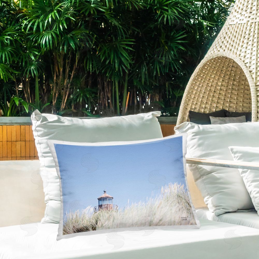 Nathan Larson Peering Over Lighthouse Outdoor Quick-Dry Polyester Printed Throw Pillow in Back Yard